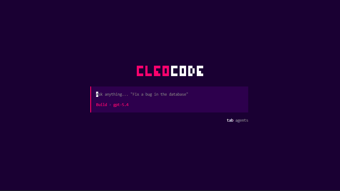 CleoCode terminal demo showing a prompt to fix a bug in the database with gpt-5.4
